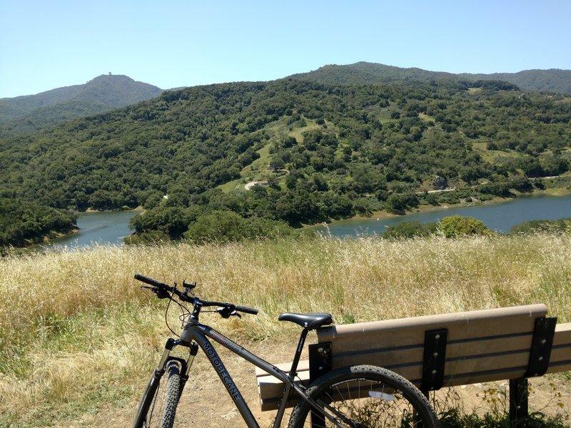 Bench at the northwestern intersection of Mine Hill Rd and Randol Trail overlooking the Guadalupe Reservoir.