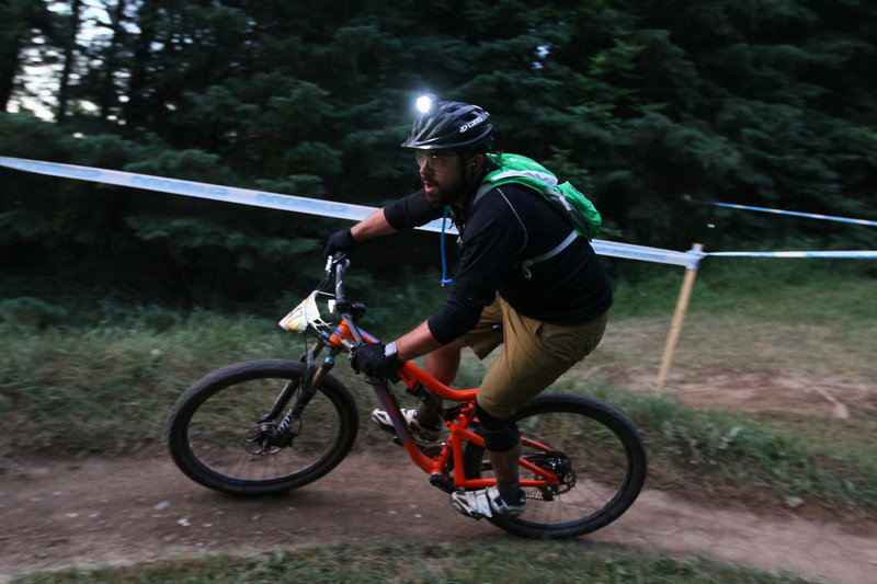 Rolling in on the switchbacks as the sun rises on the 24 Hours of Summer Solstice race.