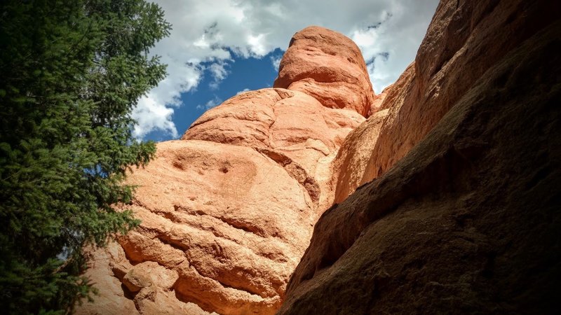 Towering red rock feature near the trail's end.