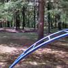 Purple White Dot starts after the playground off the road, on the disc golf course.