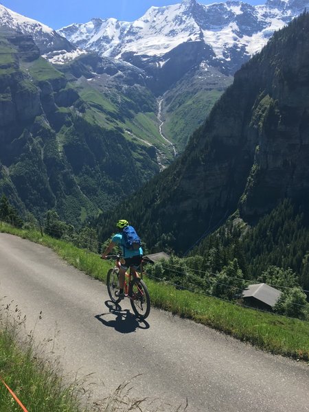 Cruising the short paved stretch from Murren to Gimmelwald.