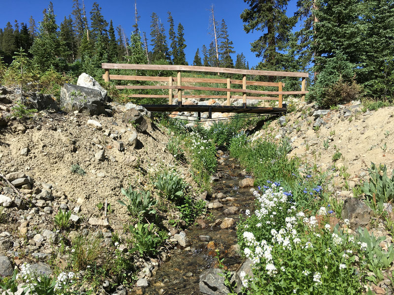 The trail goes over this bridge and follows this creek.