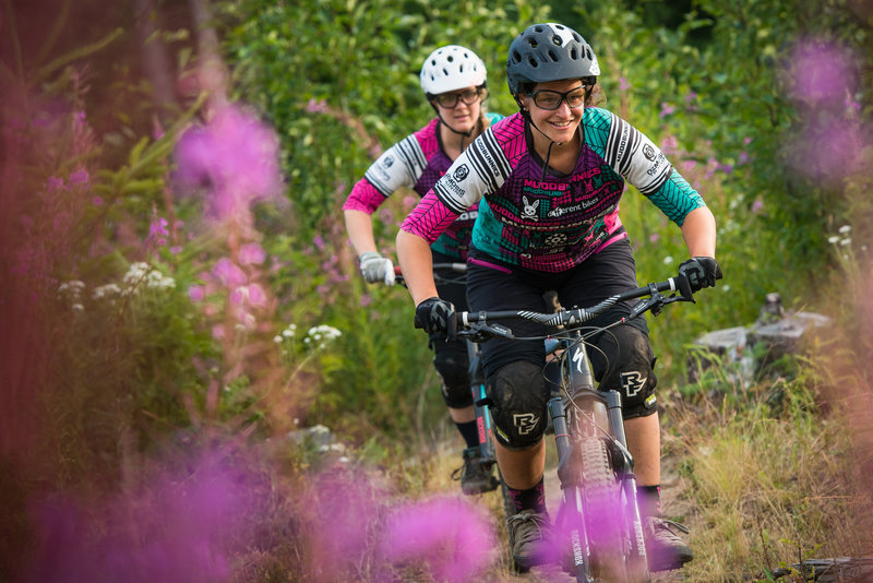 Libbe and Ashley enjoying a July evening ride through the fireweed on the Keystone Trail on Galbraith.