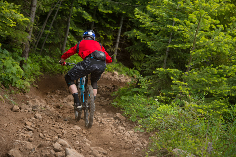 A racer follows the path of least resistance among the baby heads on 2 Chair (160) during the Cascadia Dirt Cup.