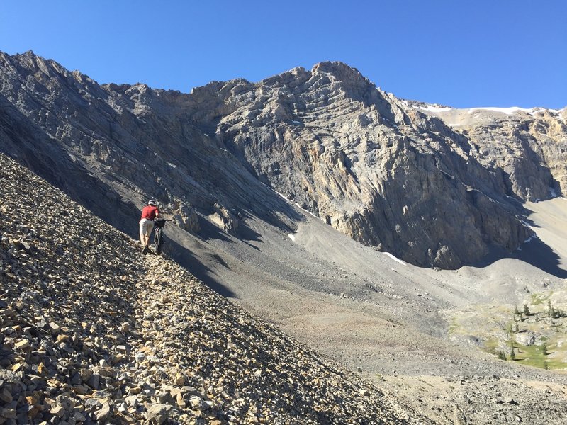 Initial section heading up the talas slope below castle divide. Above this section the pushing turns into 3rd class climbing.