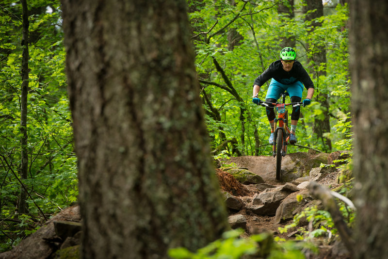 Isaac Pattis looks ahead as he enters the rock garden on Hidden Trail at Post Canyon during the Cascadia Dirt Cup.