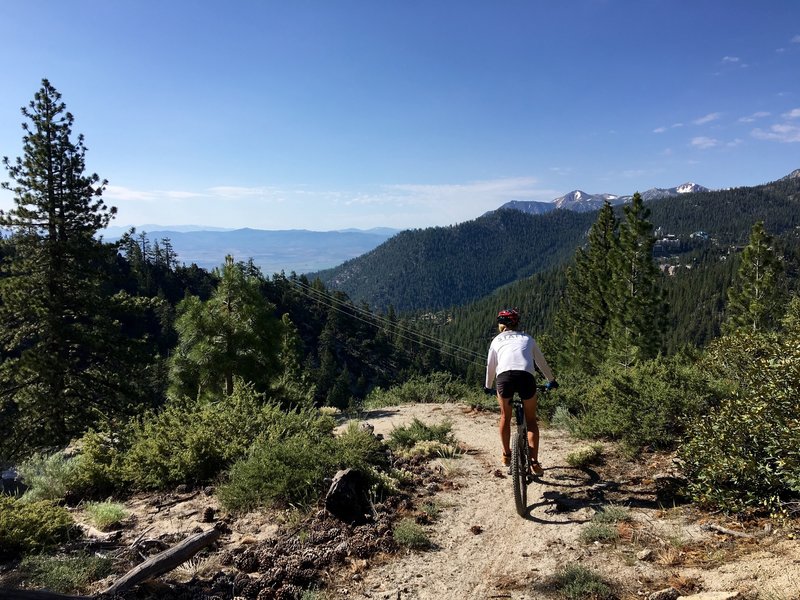 About to start down sandy steep switchbacks on the Tahoe Rim Trail Kingsbury Loop.