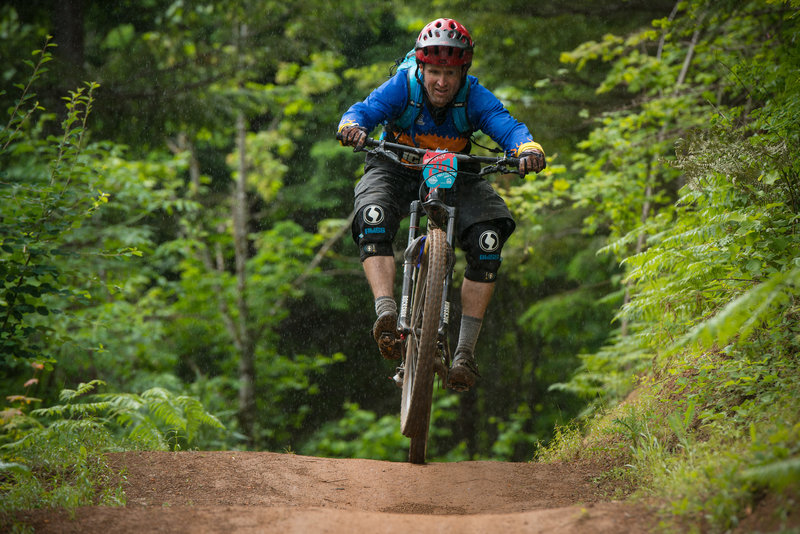 Travis Blue deals with shifting weather conditions while racing the bottom of Kleeway during the Cascadia Dirt Cup.