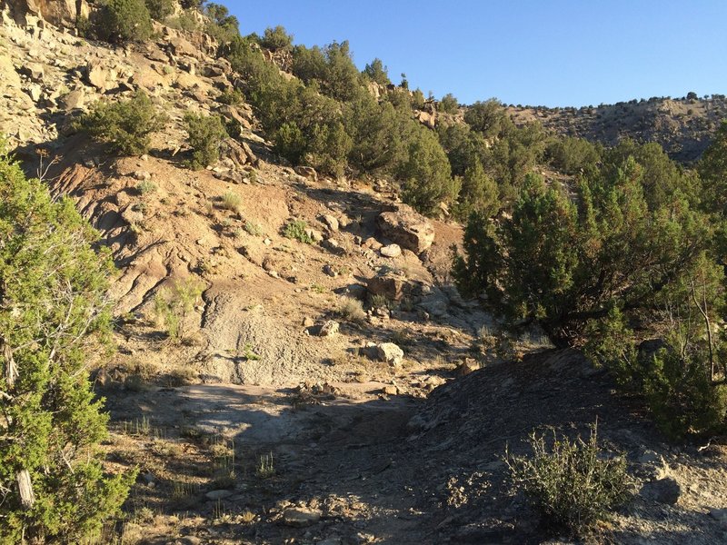 The trail is faint at times. Drop through the creekbed and sweep up to your right.