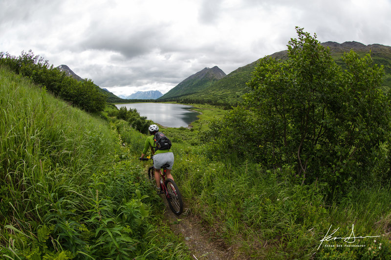 Biking along summit lake on the Johnson Pass Trail.