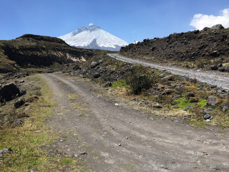 Trailhead/entrance of El Tambo SingleTrack route. Looking uphill/west toward Cotopaxi. Follow two track pictured to left.