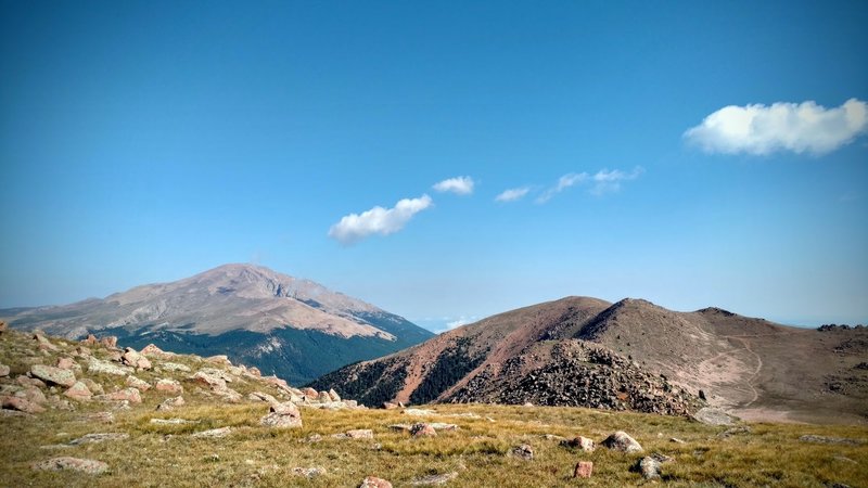 Pikes Peak, N. Almagre Peak and the approach from the basin as seen from the south peak.