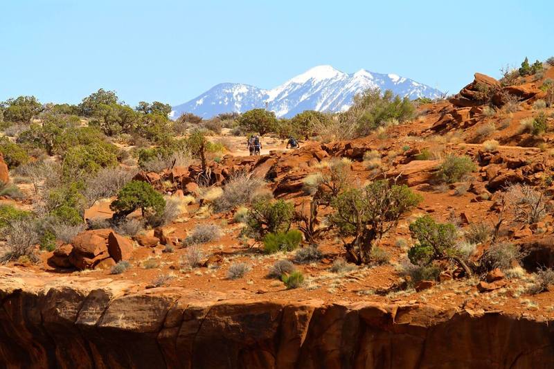 Getting into it on our first day on the White Rim with the snowy La Sals in the distance.