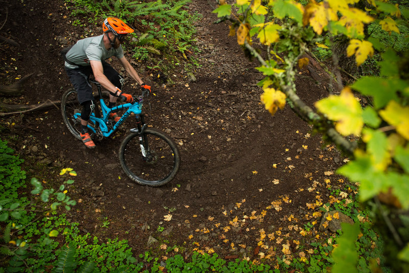 Tyler Littlefield makes quick work of this off-camber turn on Cold Creek Trail.