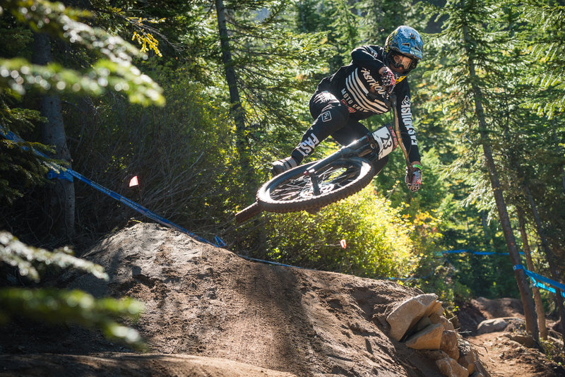 There's lots of room for flair on this step down on Berserker, Stevens Pass Bike Park, WA.