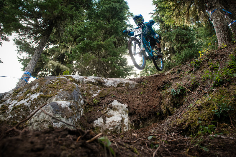 Dylan Brown sends the big drop on Berserker, Stevens Pass Bike Park, WA.