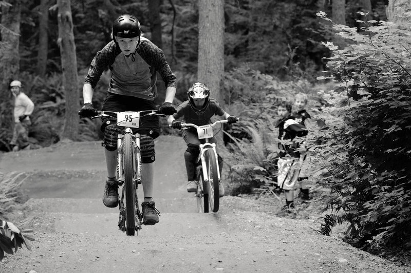 Riding head-to-head on Duthie Hill Park's dual slalom trail Deuces Wild.