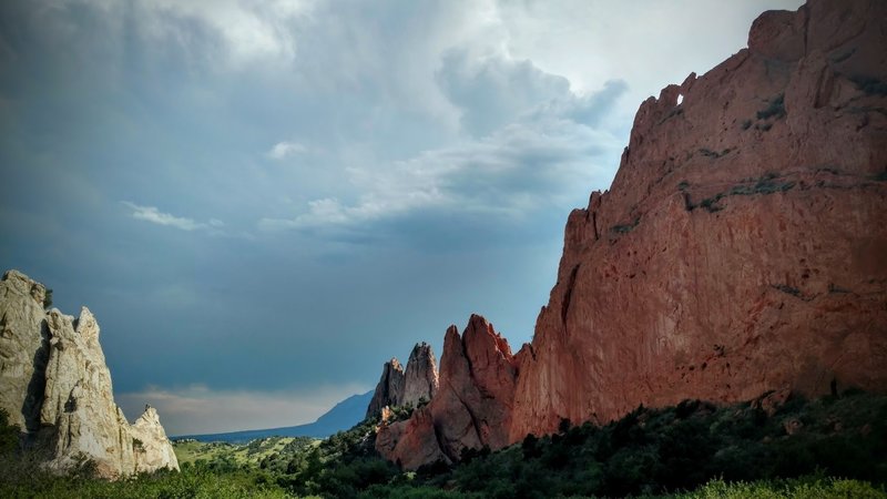 Stormy skies cast shadows over Garden of the Gods.