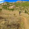 The infamous Beet Juice climbing the Herrington Trail with Horsetooth Rock in the background.