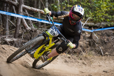 Sarah Olsen crushes a turn on her race winning run along White Knuckle during the Cascadia MTB Championships.