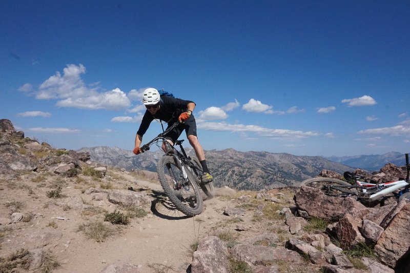 Dropping off the high point at 9500 feet. What follows is one of the more enjoyable descents in the Ketchum area.