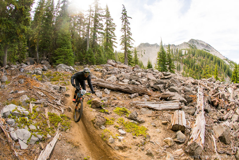 Rippin' through the boulder field below Sawtooth Mountain on the Indigo Extension trail.