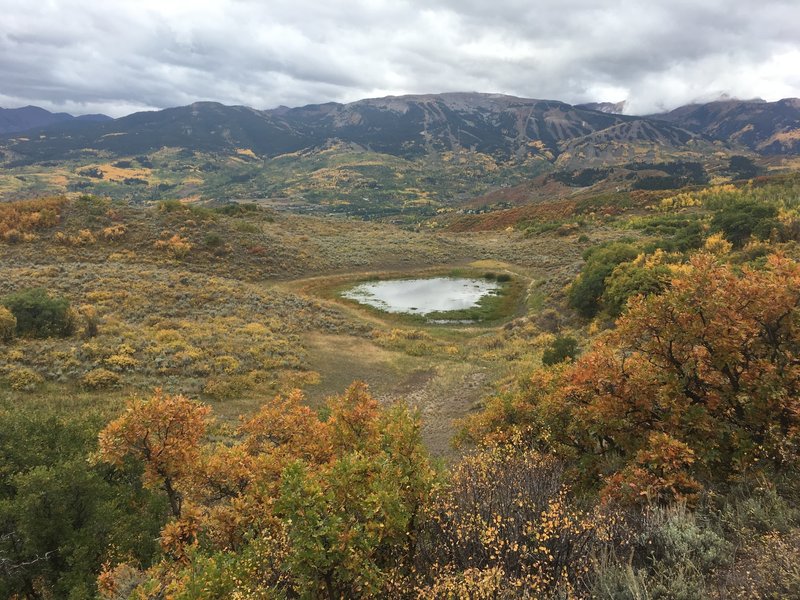 View from the high traverse of Seven Star, Snowmass Ski Area in the distance.