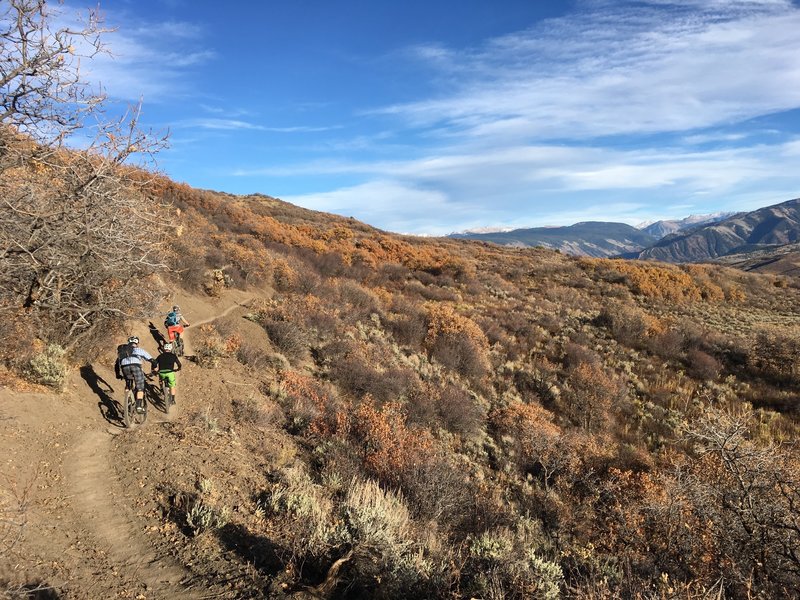 Flowing along the top section of Seven Star, ridge of Aspen Mt. is on the far right.