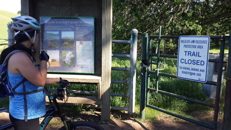 Miwok Trail continues past gate into Contra Costa Water District lands.