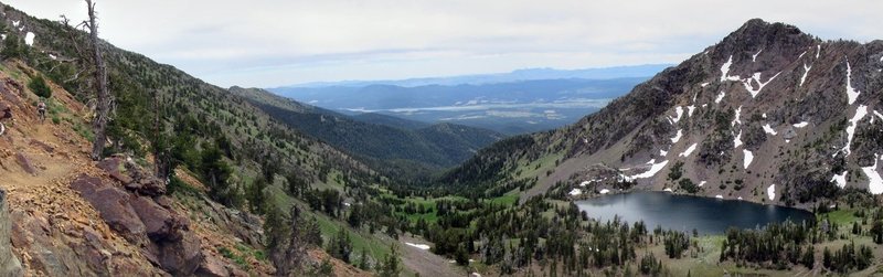 Trail on the left, lakes on the right.