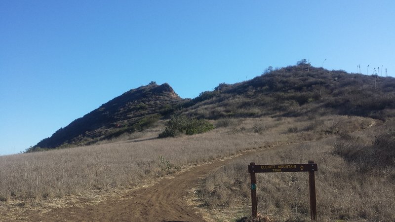 The turn to Elliot Mountain trail of the Outlaw Trail. Elliot mountain is in the distance.