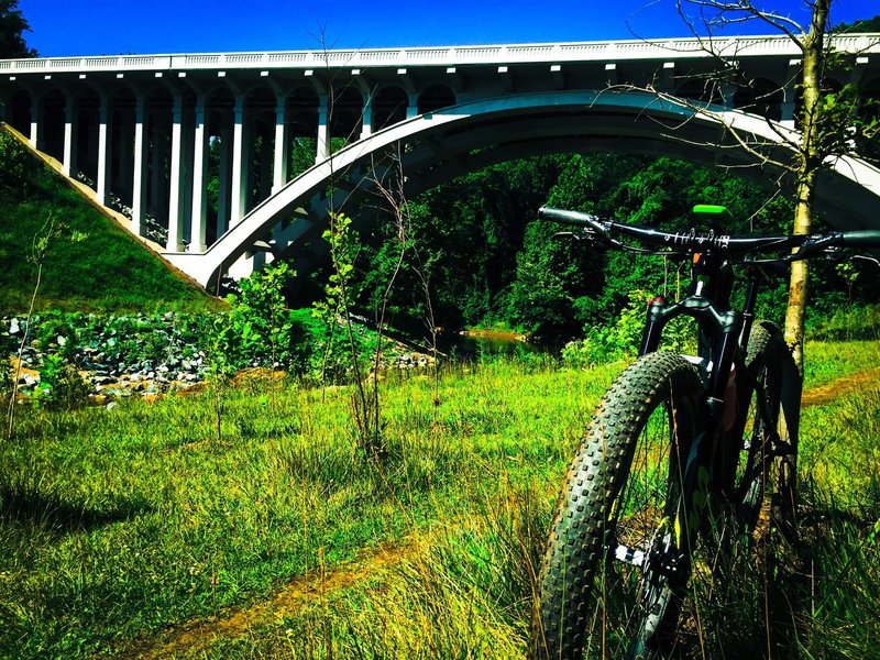 The smooth, grassy singletrack of the Mill Race to Rockhaven Connector offers great views of the Route 40 Bridge.