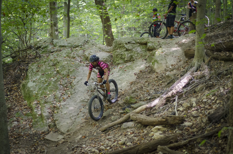 Riding down the rock face behind Cascade Falls