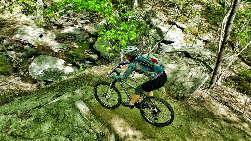 My friend Marina going down the face rock at Cascade Trail in Patapsco Valley State Park