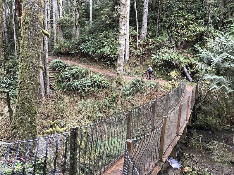 A rider crossing Whiskey Creek Bridge on the OAT.