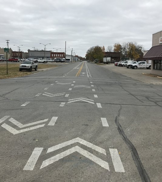 This is an interesting approach to adding bike lanes to route the Prairie Spirit Rail Trail through town...