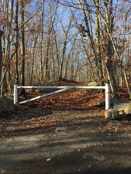 This gate marks the beginning of the Dogtown Trails on Squam Road.