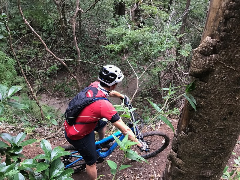 A rider peers over the edge on the Corral de Alambre Victoria.