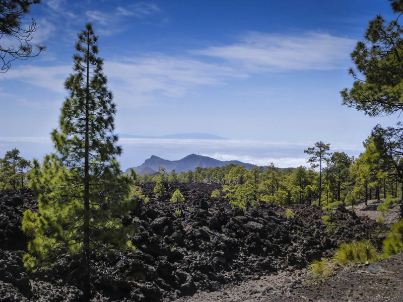 This is the view from the intersection of the Pista Arenas Negras and the Pista Canal de Vergara.  The island of la Palma lies in the distance with the Atlantic Ocean shrouded in clouds.