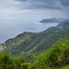 Riomaggiore as seen through a break and the Alta Via di Cinque Terre trail