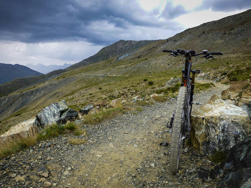 Singletrack on the Panoramaweg hugs the side of the mountain.