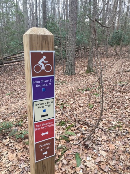 This sign marks the beginning of Section C off of the Powhatan Forks North Trail.