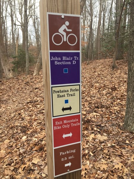 Look for this sign marking the beginning of Section D off the Powhatan Forks East Trail.