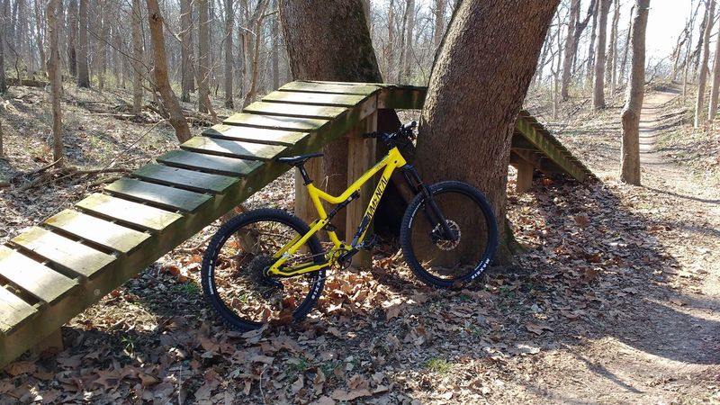 This wood A-frame tests riders' skills along the Town Run Trail.