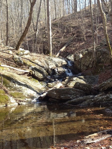 A waterfall cascades above the crossing over Rocky Branch. There is a trail that goes upstream to explore more.