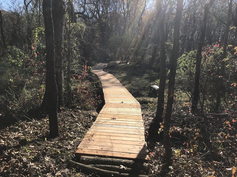 This nearly 200-foot long elevated boardwalk keeps you dry over a small creek and marshy area.