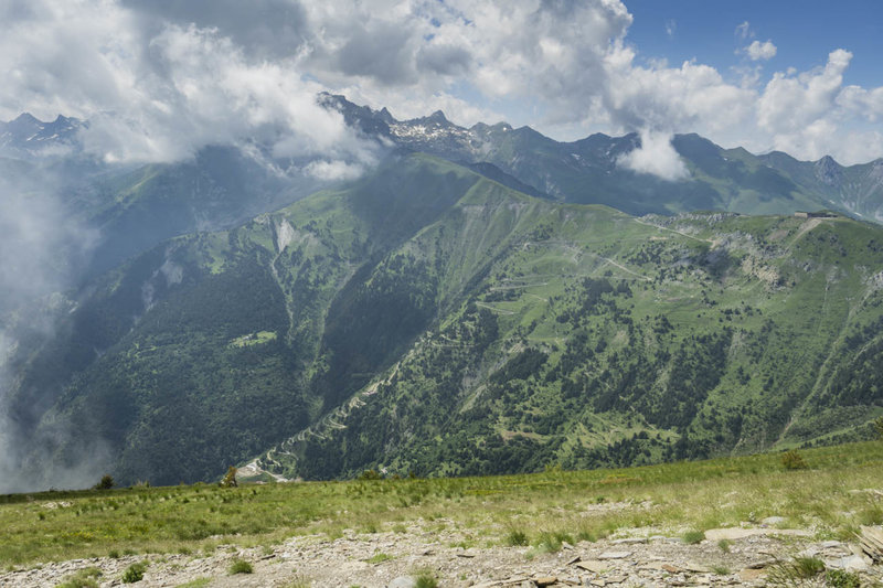 Switchbacks climb to the Col de Tende from the French side. Fortunately, you can drive up from the Italian side.