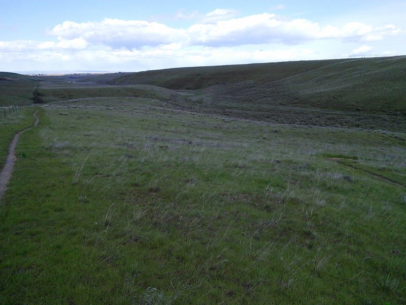 Looking back toward the parking lot, you get a sense of just how far you've come through these green, gorgeous hills.