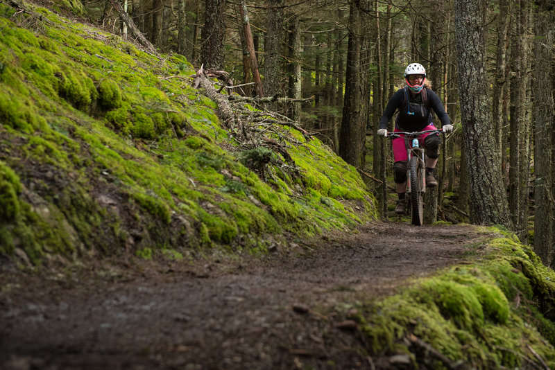 Ashley enjoys an easy cruise through a level section of the Little Summit Trail on Orcas Island.