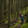 Riders dive into an immensely fun section on the North Trail on Orcas Island.